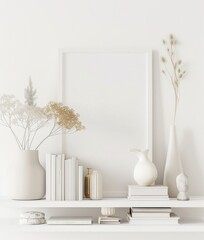 Minimalistic interior design with a white frame mockup, dried flowers in a vase, books, and decorative elements on a white shelf.