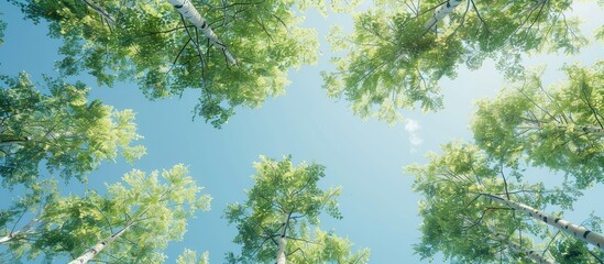 Fototapeta premium Forest trees with green leaves on a clear blue sky form a serene scene with a vast copy space image showing the tops of the trees and the sky peeking through the branches