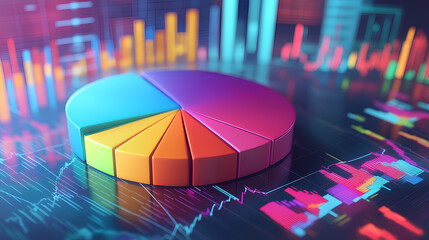 Ultra-realistic 3D illustration of a colorful pie chart with detailed financial graphs in the background for business data analysis

