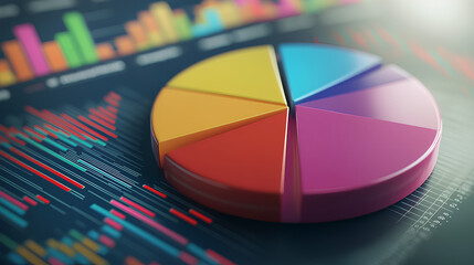 Ultra-realistic 3D illustration of a colorful pie chart with detailed financial graphs in the background for business data analysis

