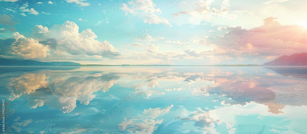 Poster scenic lake with vibrant clouds reflecting in the calm waters perfect for a copy space image