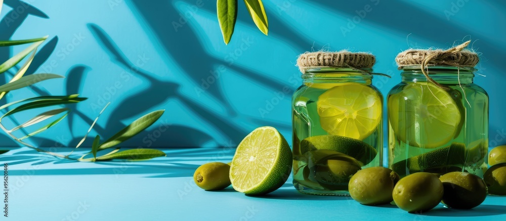 Poster jars with natural cosmetics lime and olives against a blue backdrop with room for text or graphics i