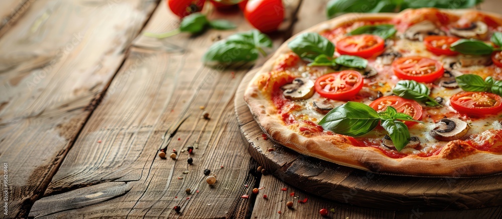 Poster close up of a tasty pizza with tomatoes mushrooms and basil on a wooden surface ideal for adding tex