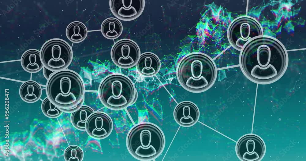Poster Network of connected user icons and data processing animation over abstract background