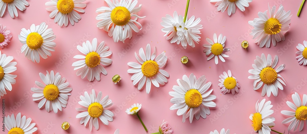 Aufkleber colorful background with various chamomile flowers ideal as a flat lay for a template or mockup with
