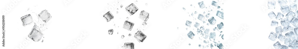 Poster isolated on white background, falling ice cube with selective focus