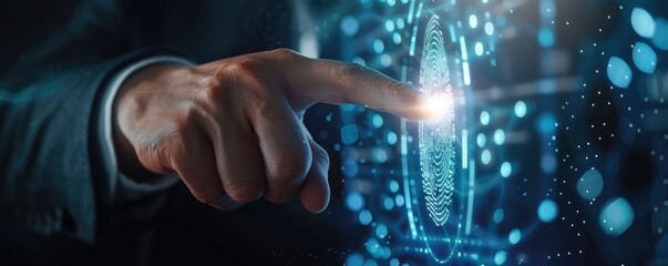 A close-up image of a hand interacting with futuristic holographic fingerprint technology in a dark environment Highlights the concept of biometric authentication.