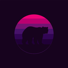 Silhouette of a bear against a striped retro sunset. Original vector illustration in vintage style isolated on black background. T-shirt design.