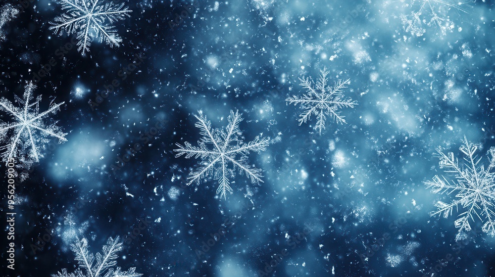 Poster delicate snowflakes fall gently against a serene blue background, creating a tranquil winter ambianc