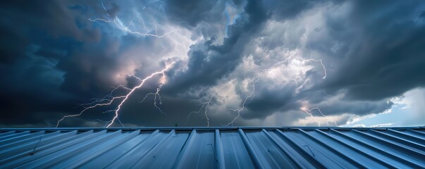 Dramatic lightning storm over metal roof
