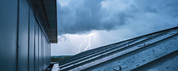 Dramatic lightning storm over metal roof