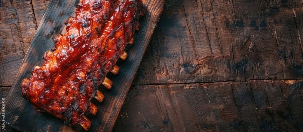 Poster barbecue pork ribs on a rustic table as appetizing copy space image