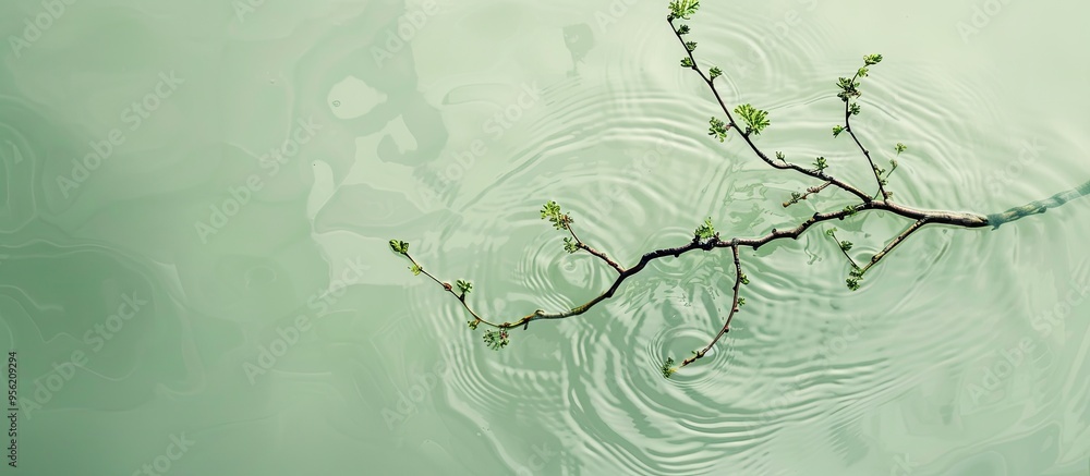 Poster a serene flat lay arrangement with fresh branches submerged in water against a soft light green back