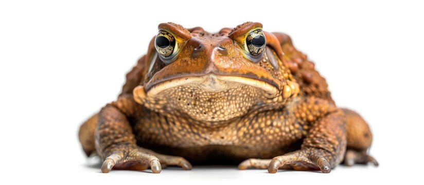 Rhinella Marina a sizable cane toad gazes forward at the camera in an isolated setting on a white background ideal for copy space image