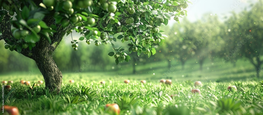 Poster an organic green apple tree in an orchard with a copy space image
