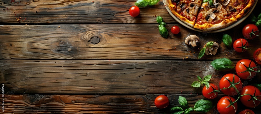 Poster top down view of delicious pizza enriched with basil mushrooms and tomato on a rustic wooden surface
