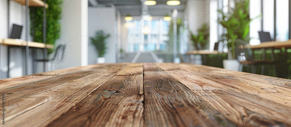 Poster wooden table showcased against a blurred modern office background creating an ideal setting for offi