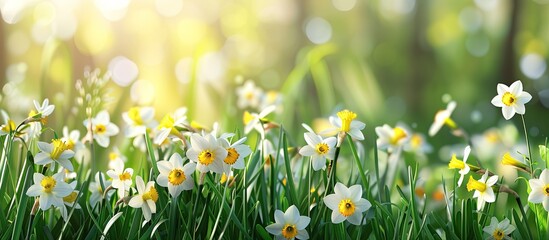 Fototapeta premium During spring a vibrant display of blooming yellow and white daffodils can be seen with a beautiful garden background providing copy space image