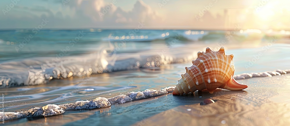 Poster a seashell by the shore with a serene view perfect for copy space image