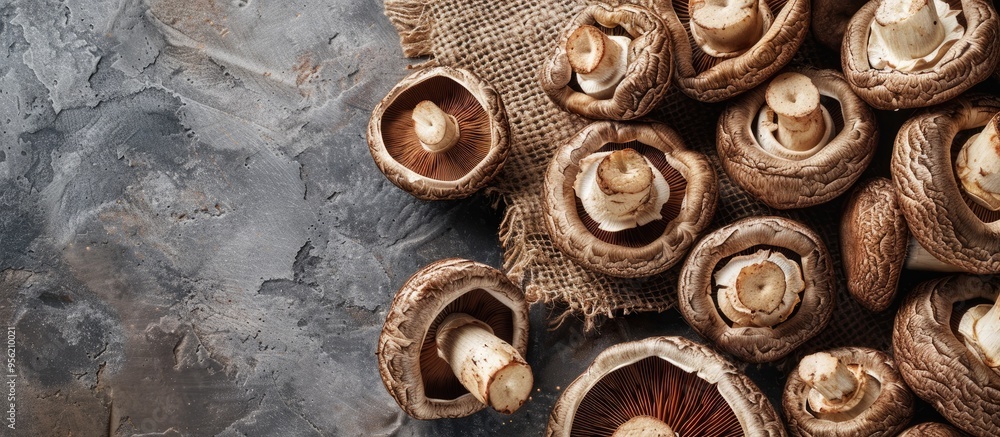 Poster dried shiitake mushrooms arranged on a table with a food background top view creating a vegetarian a