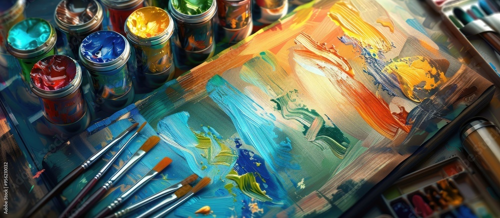 Poster various vibrant paints displayed on a sketchbook with copy space image