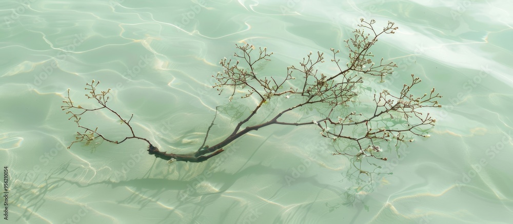 Poster a serene flat lay arrangement with fresh branches submerged in water against a soft light green back