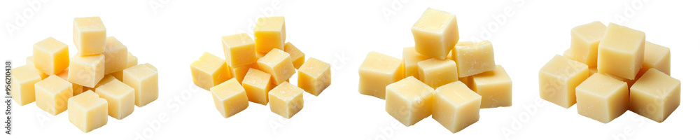 Poster A cheese cube isolated on a white background with a clipping path, with full depth of field
