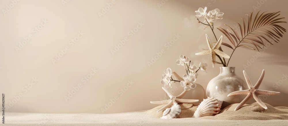 Poster a serene beach themed arrangement set against a neutral beige backdrop with ample copy space image f