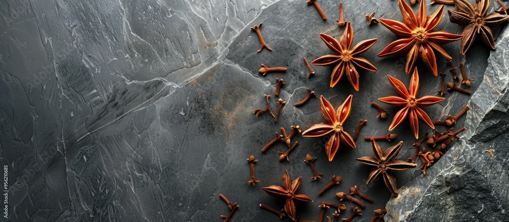 Poster closeup of star anise spice on a gray stone background with room for text around the image. with cop