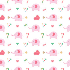 Seamless nursery pattern with baby elephants. Pink pattern with candies. Perfect for kids design, children room decoration, greeting card design, fabric print ,wrapping paper design, baby shower.