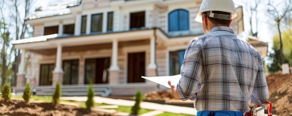 landscaper inspects a residential garden, clipboard in hand, to evaluate the property's greenery