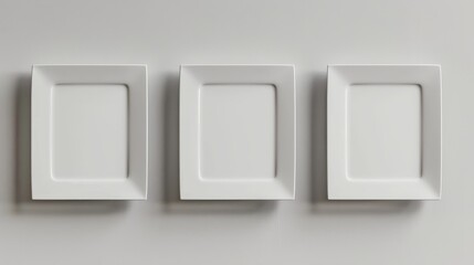 Three minimalist white square plates create a contemporary and stylish wall decor.