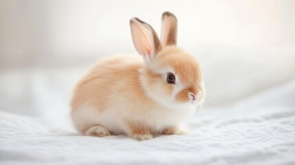 Obraz premium Fluffy bunny sitting on a white studio backdrop highlighting its delicate features and fur