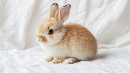 Fluffy bunny sitting on a white studio backdrop highlighting its delicate features and fur