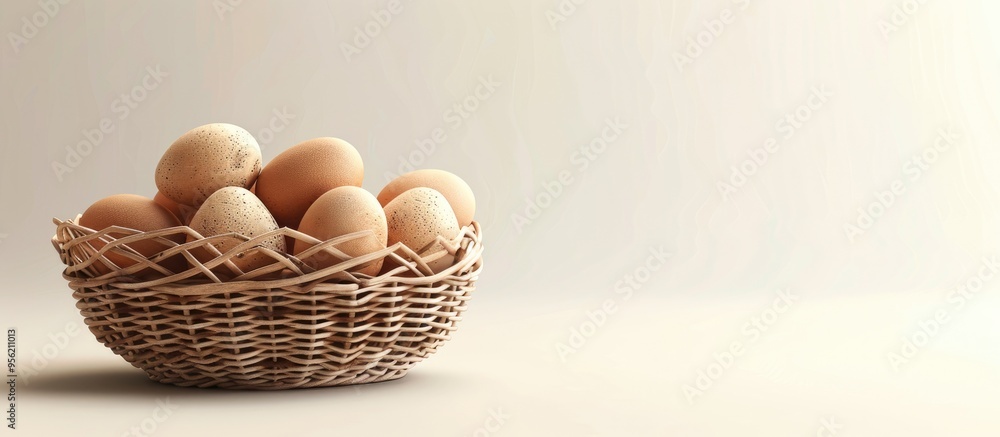 Poster fresh chicken eggs stacked in a bamboo wicker basket isolated on a white background with space for t