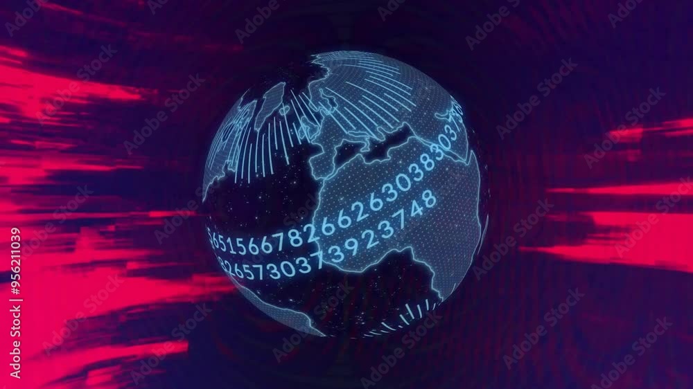 Poster Rotating globe with binary numbers and data processing animation over digital background