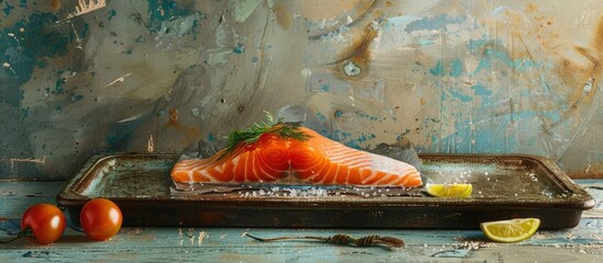 A vibrant salmon fillet on a weathered pan highlights fresh seafood against a vintage backdrop with appealing aesthetics in a close up copy space image