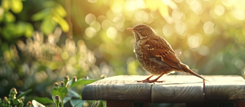 A beautiful brown bird a songbird known as Turdus Eremita perches on a wooden table in a garden with a blurred serene natural landscape ideal as a seasonal banner with copy space image for postcards