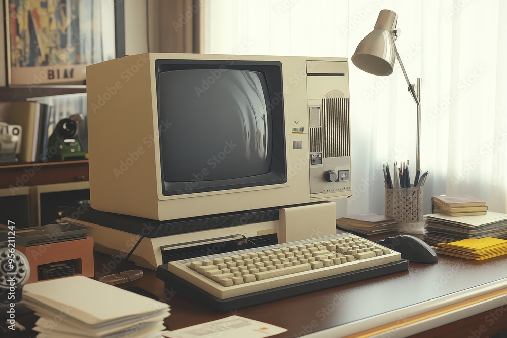 Poster a vintage computer setup on a desk with stationery and a lamp, reflecting a retro workspace.