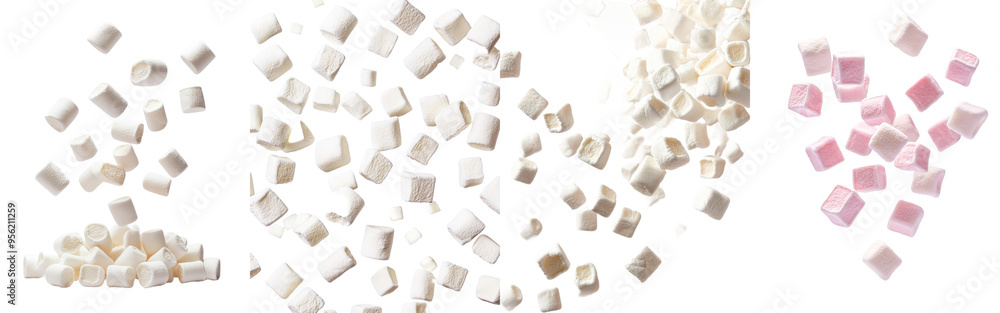 Poster an isolated marshmallow falling on a white background, clipped with a clipping path, in full depth o