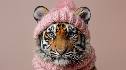 A portrait of a tiger in knitted hat closeup on pastel pink background .