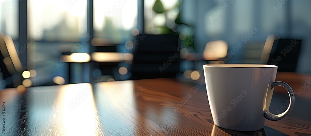 Poster close up of a coffee cup on a table in an empty corporate conference room with a blank space for an 