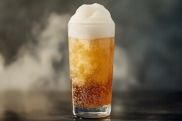 A tall glass of ginger beer cocktail with a foamy crown