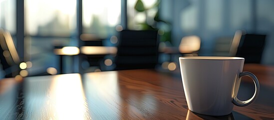 Close up of a coffee cup on a table in an empty corporate conference room with a blank space for an image set prior to a business meeting in the office. with copyspace image