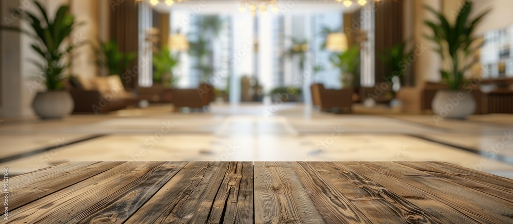 Poster a wooden table top is set against a blurry modern hotel lobby background creating an ideal location 