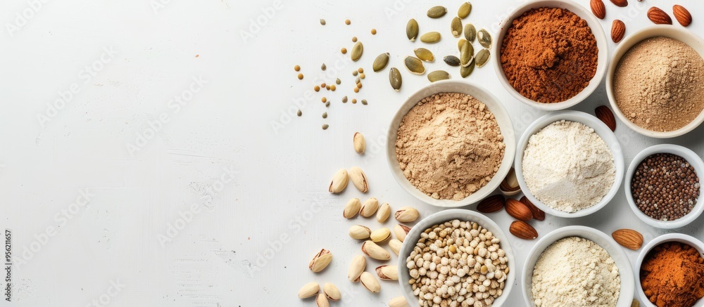Poster top view of various protein powders in bowls adorned with nuts and seeds on a white background with 