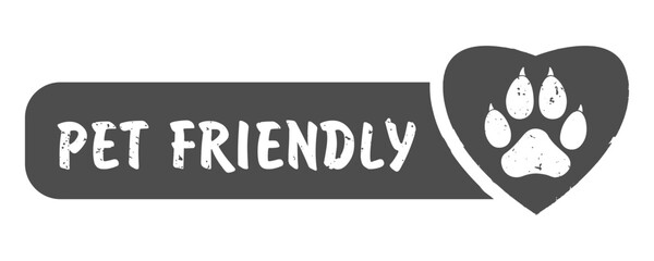 Pet friendly grunge stamp, gray isolated on white background, vector illustration.  Animal paw print on heart vector illustration for your web site design, app, UI.  Pet Friendly sign. EPS10.
