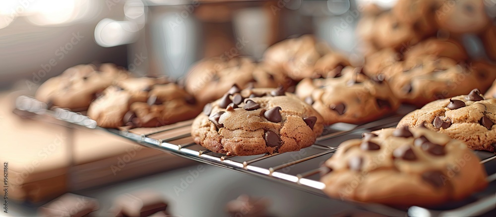 Aufkleber chocolate chip cookies displayed on a rack with a chocolate pot in the copy space image