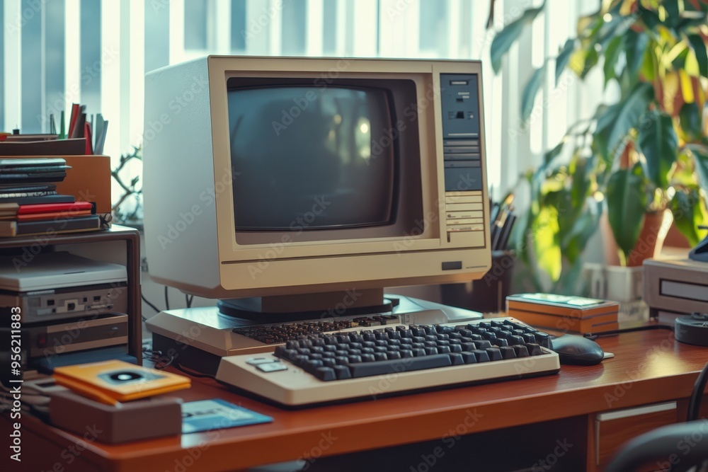 Poster a vintage computer setup with a crt monitor and keyboard on a wooden desk.