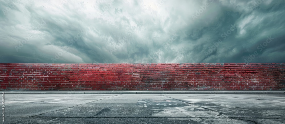 Poster brick wall under cloudy sky with sidewalk and street in view creating a background for a copy space 